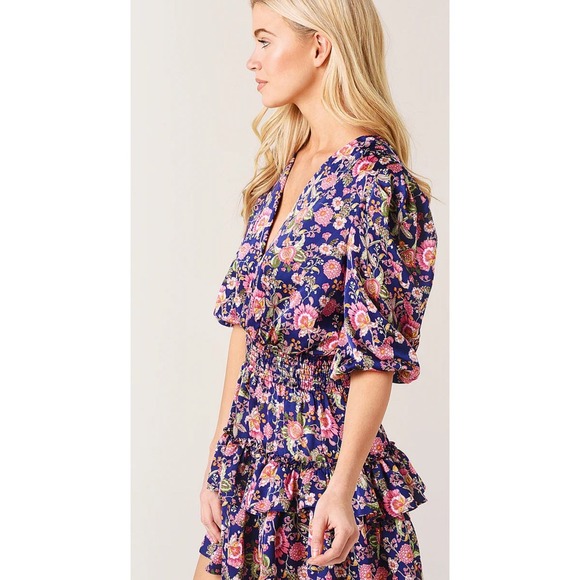 MISA Los Angeles Floral Mini‎ Dress Smocked Ruffle V Neck Short Sleeve XL - Picture 4 of 16